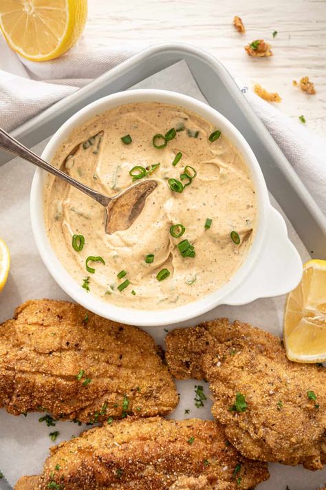 easy cajun remoulade sauce with catfish Cajun Remoulade Sauce, Fish Dipping Sauce, Dorito Taco Salad Recipe, Cajun Remoulade, Chicken And Sausage Jambalaya, Easy Cajun, Thriving Home, Cajun Sauce, Catfish Recipes