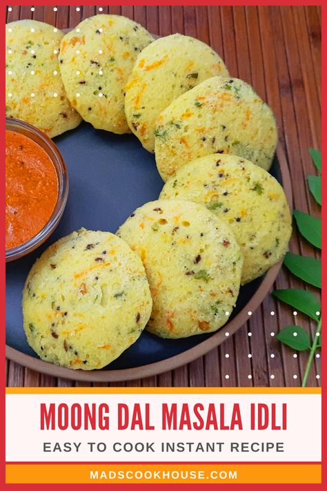 Healthy, delicious, and packed with protein. Gluten-free and a healthy alternative to the traditional ones with rice. Try these Instant Moong Dal Masala Idlis that do not require fermentation. #HealthyBreakfastRecipe #IdliRecipe #InstantIdli #MasalaIdli Masala Idli Recipe, Dal Masala, Masala Idli, Air Fryer Cake Recipes, Idli Recipe, Moong Dal, Indian Breakfast, Vegetarian Snacks, Instant Recipes