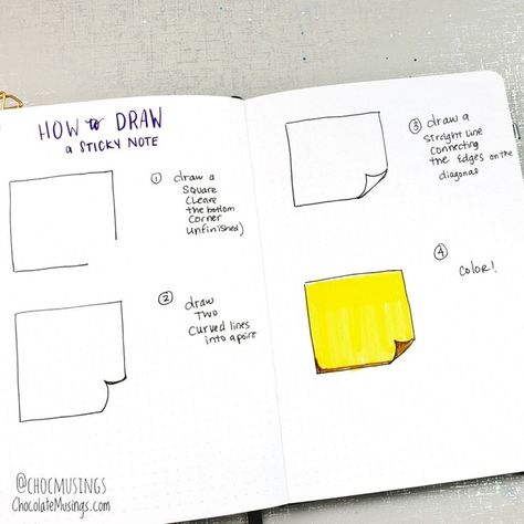 How to draw a sticky note doodle in your bullet journal | ChocolateMusings.com #stickynote #doodle #howtodraw How To Draw Sticky Notes, How To Draw A Sticky Note, Sticky Note Tattoo, Sticky Note Drawing, Sticky Note Drawings, June Bujo, Clipboard Art, Budget Journal, Agenda Ideas