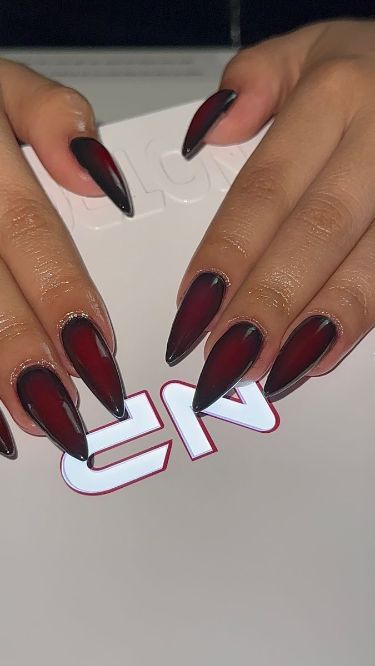 Black With Red Aura Nails, Dark Red And Black Nails, Grad Nails, Red Aura, Wine Nails, 2024 Nails, Almond Nails Designs, Black Nail Designs, Black Nail