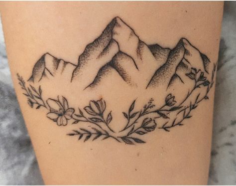 Wildflower Mountain Tattoo, Vermont Mountain Tattoo, Mountain With Flowers Tattoo, Mountain Wildflower Tattoo, Nails With Mountain Design, Flower Mountain Tattoo, Mountain Leg Tattoo, Mountain Tattoo With Flowers, Moutain Tattoos For Women