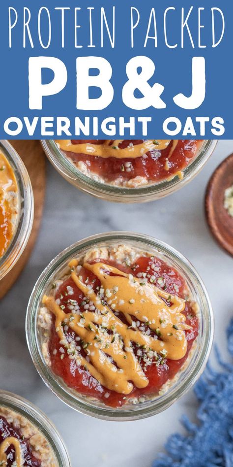 These thick and creamy Peanut Butter and Jelly Overnight Oats are packed with tons of protein, so they will keep you feeling full all morning long!  These overnight oats are great for meal prep and you can customize them with your favorite flavor of jelly.  Make a batch on the weekend and have a healthy and filling breakfast all week long. #overnightoats #mealprep #healthybreakfast #proteinpacked #peanutbutterandjelly High Protein Peanut Butter, Cheap Breakfast, Best Overnight Oats Recipe, Peanut Butter Overnight Oats, Overnight Recipes, Protein Overnight Oats, Anyone Can Cook, Bariatric Friendly Recipes, Overnight Oats Healthy