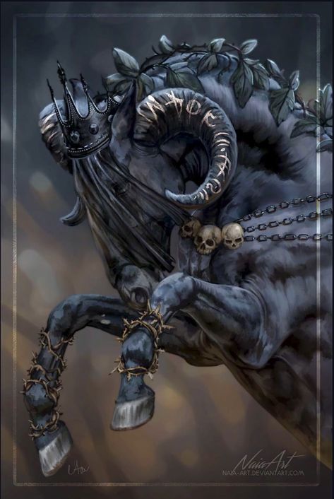 FANTASY ART: “The Witch,” a painting of a powerful black stallion with ram’s horns, bound with thorns and chains. Realistic digital art by Naia-Art | DeviantArt. Demon Horse, Magical Horses, Fantasy Horses, Horse Artwork, Black Stallion, Horse Tattoo, Mythical Creatures Art, The Witch, Dark Horse