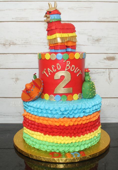 Taco 'Bout cake. Fiesta colors with buttercream ruffles Taco Bout 30 Cake, Taco Bout 2 Cake, Taco Bout Two Birthday Cake, Taco Theme Cake, Taco Twosday Birthday Cake, Taco Birthday Cake, Taco Bout Two Birthday, Taco Twosday Cake, Fiesta Birthday Cake