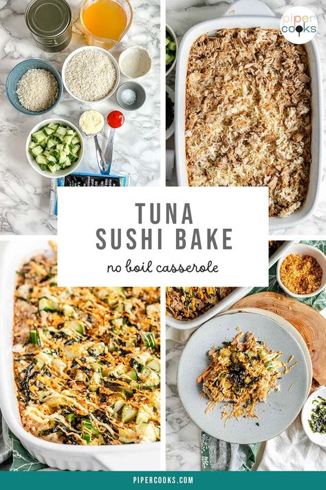 Craving the flavors of sushi without the fuss? Try this easy tuna sushi bake! Packed with savory tuna, and fluffy rice, this delicious dish is a deconstructed North American twist on Japanese sushi rolls. With easy prep and comfort food flavors, this hassle-free tuna sushi bake is perfect for any night of the week. Simply mix and bake, no need to boil the rice have leftover rice hanging around because the rice will bake in the oven. Top with a drizzle of spicy mayo for the ultimate cozy dinner. Sushi Bake Tuna And Crab, Sushi Bake With Tuna, Baked Sushi Rice Recipe Tuna, Canned Tuna Sushi Bake, Tuna Baked Sushi, Sushi Bake Tuna, Tuna Sushi Bake Recipe, Tuna Sushi Bake, Unstuffed Pepper Casserole