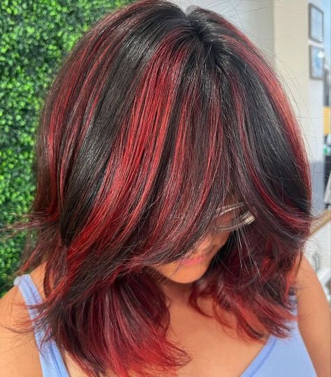 Red In Brown Hair, Red Hair Black Highlights, Chunky Highlights Red, Chunky Red Highlights On Dark Hair, Chunky Highlights Short Hair, Chunky Red Highlights, Red Chunky Highlights, Red Halo Hair, Permanent Red Hair Dye