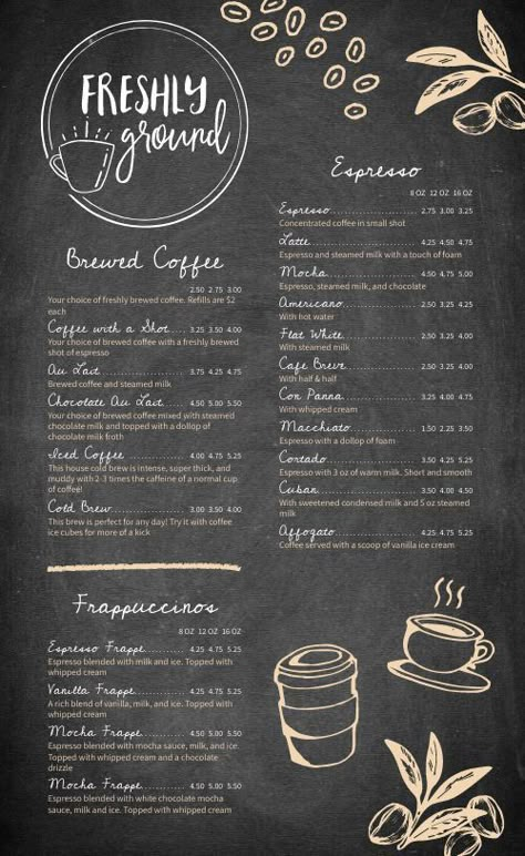 found this sample coffee house menu!! someday if I ever open that cat cafe this is the general idea of what I'm going for Trailer Logo Design, Coffee Shop Chalkboard, Coffee Shop Menu Board, Cafe Chalkboard, Trailer Logo, Coffee Menu Design, Coffee Flyer, Menu Maker, Lunch Cafe