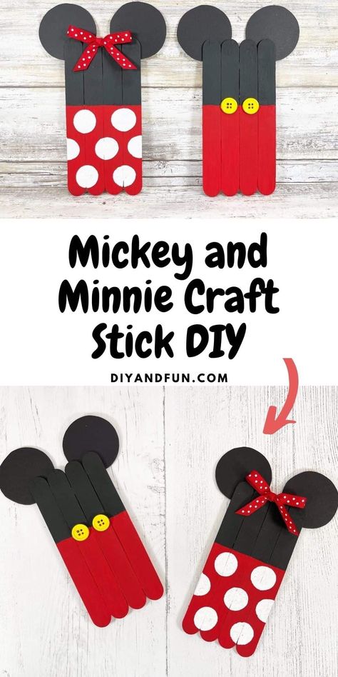 Micky and Minnie Craft Stick DIY, a fun do it yourself craft idea suitable for most ages made with dollar store materials. Mouse Craft, Mickey Mouse Centerpieces, Disney Crafts For Kids, Dollar Store Inspired Decor, Mickey Mouse Invitations, Stick Diy, Mouse Crafts, Toddler Art Projects, Easy Arts And Crafts