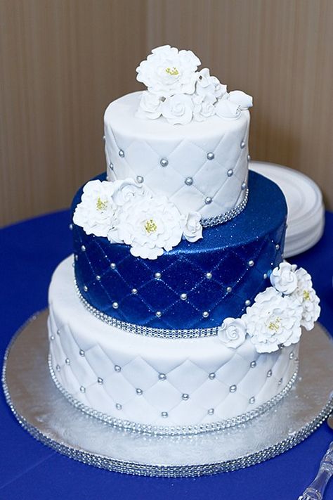 Royal Blue And Silver Quinceanera Cake, Silver And Blue Cake, Blue Silver Wedding Cake, Quince Cakes Blue And Silver, Sweet 16 Cakes Blue And Silver, Wedding Cake Designs Blue, Royal Blue Wedding Cakes, Royal Blue Cake, 25th Wedding Anniversary Cakes