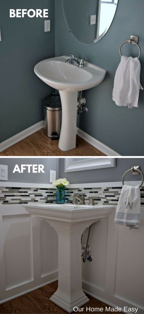 Budget Powder Room Reveal [ORC Week 6] - Our Home Made Easy Budget Powder Room, Small Half Bathrooms, Half Bath Remodel, Powder Room Remodel, Diy Bathroom Vanity, Powder Room Makeover, Diy Bathroom Remodel, Pedestal Sink, Powder Rooms