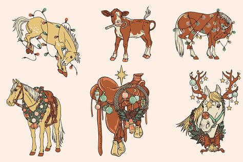 Pony Illustration, Pony Gold, Christmas Cowboy, Hand Drawn Elements, Illustration Christmas, Rodeo Life, Studio Studio, Cowboy Christmas, Christmas Ad