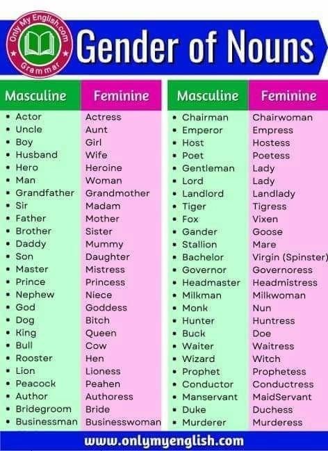 Gender In English, Gender Of Nouns, Opposite Words For Kids, Nouns Grammar, Basic English Grammar Book, Nouns Worksheet, Opposite Words, Teaching English Grammar, English Phonics