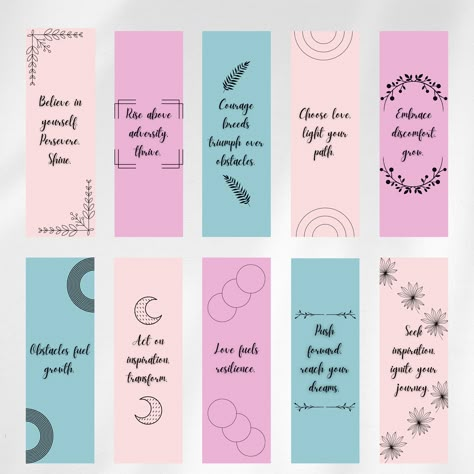 "Introducing our motivational set of printable bookmarks, each adorned with uplifting quotes to accompany you on your reading adventures. These beautifully designed bookmarks feature ten original quotes, including messages of perseverance, empowerment, and peace. Dive into the depths of your favorite book with the guiding light of perseverance. Empower your reading experience with these motivational reminders that your journey matters. As you turn each page, find solace in the tranquil words that remind you to embrace peace. Download, print, and adorn your books with these enchanting bookmarks, infusing every reading moment with inspiration for your mind and soul. Perfect for book lovers seeking a touch of motivation and serenity. ~What you will receive with purchase~ (1) High quality PDF Bookmarks Handmade Quotes, Bookmark With Quotes, Unique Bookmarks Handmade, Book Marks Design Ideas, Affirmation Bookmarks, Bookmarks With Quotes, Bookmarks Design, Bookmark Quotes, Bookmark Print