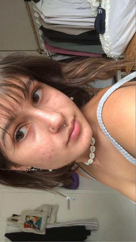 #selfie#eyes#browneyes#seashellneclace#piercing#septum#bangs#shorthair#aestetic#cute#natural Round Septum Piercing, Septum On Different Noses, Stud And Septum Piercing, Both Nostrils Pierced With Septum, Nose And Septum Piercing Together, Subtle Septum Piercing, Nose And Septum Piercing, Septum And Nose Piercing Together, Septum Piercing Cute