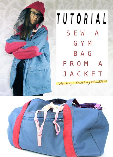 Awesome upcycling! Take one old jacket and turn it into this gym bag. Uses zippers, pockets, fabric etc. Perfect for a thrift store find, jacket that's too small or just too old now. Great bag sewing idea. Diy Gym Bag, Gym Bag Diy, Sew A Jacket, Old Jacket, Diy Gym, Modern Bag, Pool Bags, A Jacket, Wet Bag