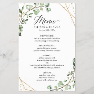 Wedding Dinner Menu, Wedding Menu Template, Geometric Wedding, Wedding Menu Cards, Gold Diy, Wedding Dinner, Eucalyptus Leaves, Spring Diy, Wedding Desserts