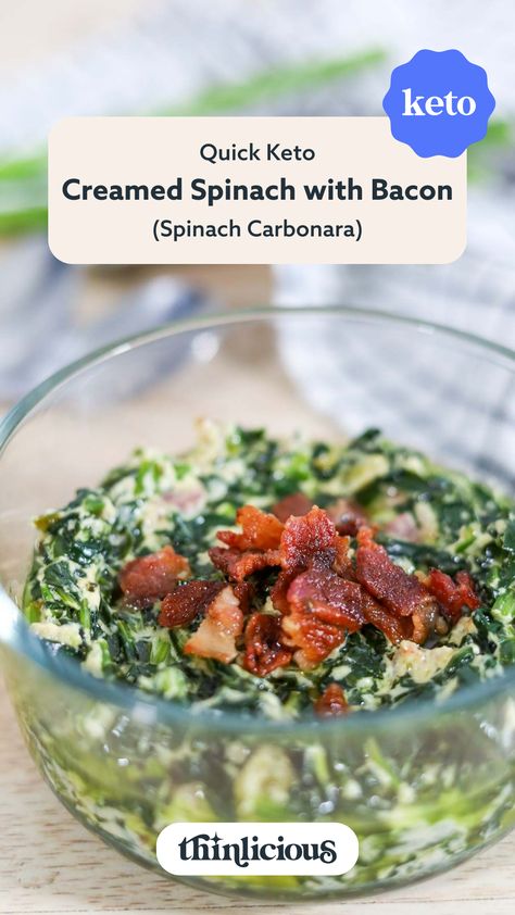 The easiest keto creamed spinach recipe you will ever make. It only needs a few simple ingredients and takes less than 10 minutes. Serve as a side dish, as the main dish, or even pureed in the blender for an easy soup recipe. Spinach Carbonara, Keto Creamed Spinach Recipe, Spinach With Bacon, Best Keto Chocolate Cake, Best Creamed Spinach Recipe, Healthy Birthday Cake, Keto Dip, Keto Creamed Spinach, High Protein Vegetables