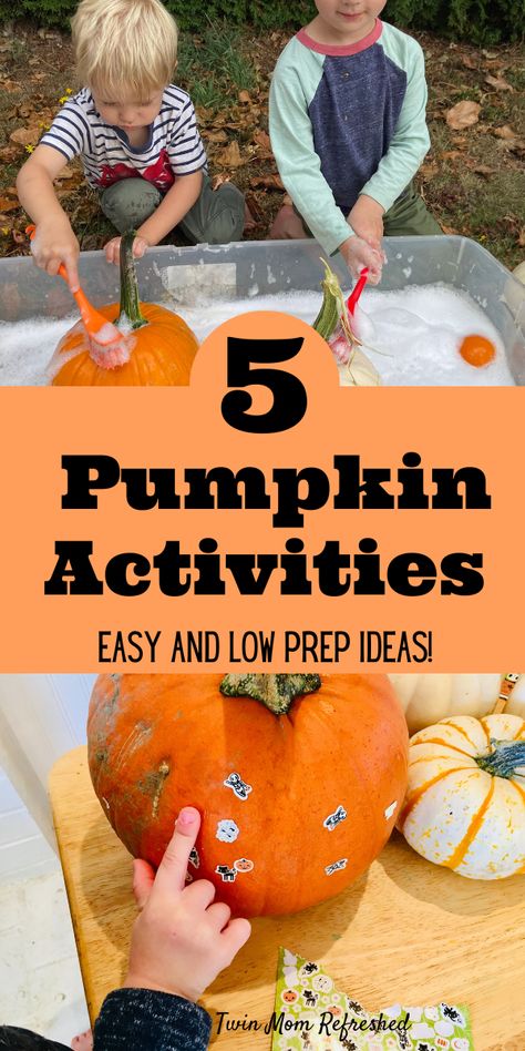 5 easy and simple pumpkin activities for 1, 2, and 3 year olds. Fun pumpkin ideas for toddlers and kids that are easy to set up and keep them entertained for daycare, preschool, school, or home! Autumn Themed Activities, Activities For One Year Olds, Pumpkin Activities, Fun Pumpkins, Activities For Toddlers, Homeschool Activities, Toddler Learning Activities, Pumpkin Theme, Pumpkin Crafts