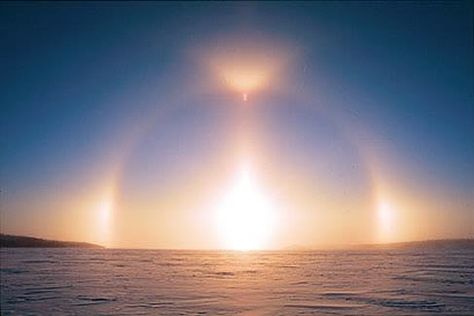 || Sundogs, or parhelion, are made commonly of plate-shaped hexagonal ice crystals in high and cold cirrus clouds or, during very cold weather, by ice crystals drifting in the air at low levels. These crystals act as prisms, bending the light rays passing through them. If the crystals are randomly oriented, a complete ring around the sun is seen. But often, as the crystals sink through the air they become vertically aligned, so sunlight is refracted horizontally — in this case, sundogs are seen. Sun Dogs, Ice Crystals, Atmospheric Phenomenon, Light Rays, Very Cold, To Infinity And Beyond, Prisms, Natural Phenomena, Heaven On Earth