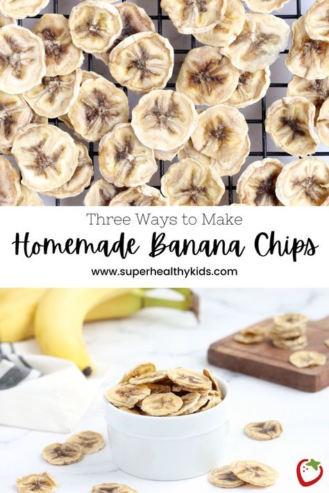 These Homemade Banana Chips are super simple, perfectly crunchy, and can be made in the oven, air fryer or dehydrator! If you have ripe bananas, these are the perfect way to use them up and have a healthy crunchy treat that is naturally sweet. #healthysnacks #bananarecipes #cleaneatingrecipes #healthysnacksforkids #vegansnacks Homemade Banana Chips, Savory Snack Recipes, Oven Air Fryer, Healthy Homemade Snacks, No Bake Energy Bites, Kid Approved Meals, Quick Healthy Snacks, Yummy Healthy Snacks, Snacks To Make