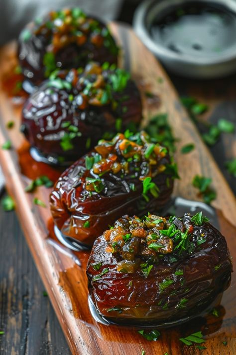 Stuffed dates garnished with fresh herbs on a wooden platter. Easy Amuse Bouche Ideas, Book Club Snacks Easy, Dates Food Ideas, Halloween Savory Appetizers, Whimsical Appetizers, Endive Appetizers Boats, Witchy Appetizers, Savory Date Recipes, Classy Appetizers For Party