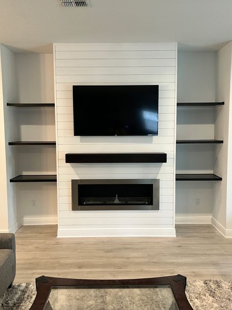 Shiplap Fireplace With Shelves On Side, Electric Fireplace With Floating Shelves, Fireplace Tv Accent Wall, Shiplap Fireplace With Shelves, Shiplap Fireplace With Floating Shelves, Shiplap Wall With Shelves, Shiplap Entertainment Wall, Fireplace With Floating Shelves, Fireplace With Cabinets