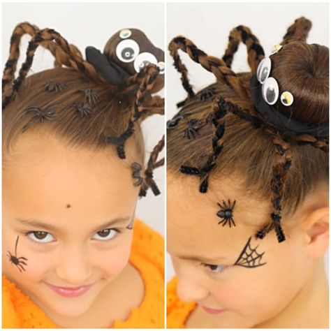 Spider Crazy Hair Day, Spider Bun Hair, Halloween Spider Hair, Spider Hairstyle Halloween, Halloween Hair Styles For Women, Halloween Hair Ideas For Kids, Spider Hair Bun, Halloween Hairdos, Spider Web Hair Design