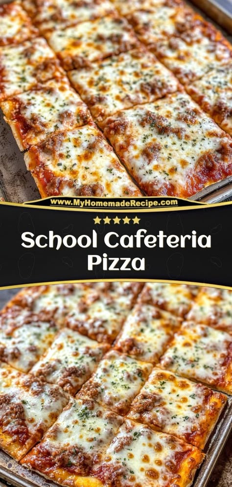 This nostalgic school cafeteria pizza is simple, cheesy, and topped with pepperoni. A throwback treat! Ingredients: 1 pizza dough 1 cup marinara sauce 1 cup shredded mozzarella ½ cup pepperoni slices Serve this pizza for a fun and familiar taste of school days The School Pizza Recipe, School Pizza Recipe Old, Lunch Lady Pizza, School Lunch Pizza Recipe, School Cafeteria Recipes Vintage, School Lunch Pizza, School Cafeteria Pizza Recipe, School Cafeteria Pizza, Cafeteria Pizza