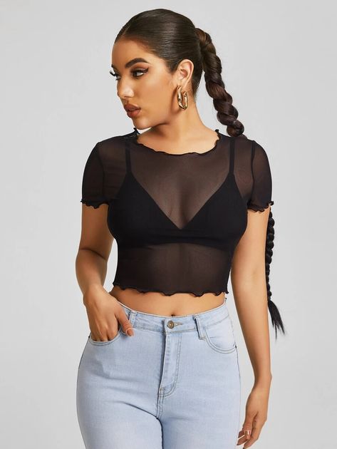 Black Mesh Top Outfit, Backless Top Outfit, Mesh Top Outfit, Top Transparente, Western Top, Sheer Crop Top, Shirts Diy, Black Mesh Top, Tops Trendy