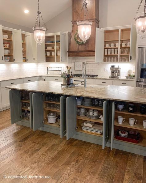 Cabinets Under Kitchen Island, Kitchen Island With Lots Of Storage, Kitchen Remodel Adding Island, Under Island Cabinets, Storage Under Kitchen Island, Under Island Storage, Farmhouse Grey Kitchen, Kitchen Island With Cabinets, Island With Cabinets