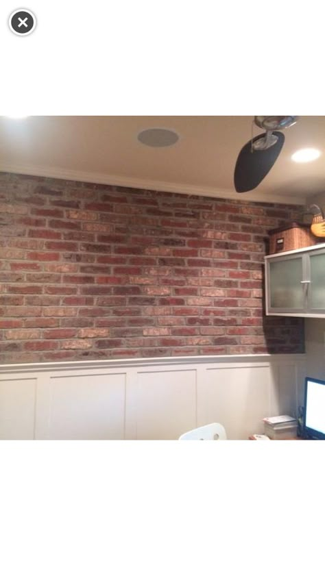 Brick veneers basement game room accent wall Half Brick Wall Interior, Fireplace Limewash, Brick Half Wall, Half Brick Wall, Old Mill Brick, Brick Castle, Brick Fireplace Wall, Brick Wall Living Room, Brick Accent Wall