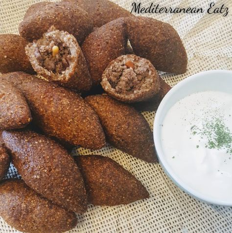 Deep Fried Kibbeh - Mediterranean Eatz Potato Oven Recipes, Baked Sweet Potato Oven, Sweet Potato Snack, Kibbeh Recipe, Arabic Dishes, Sweet Potato Snacks, Labneh Recipe, Sweet Potato Oven, Cypriot Food