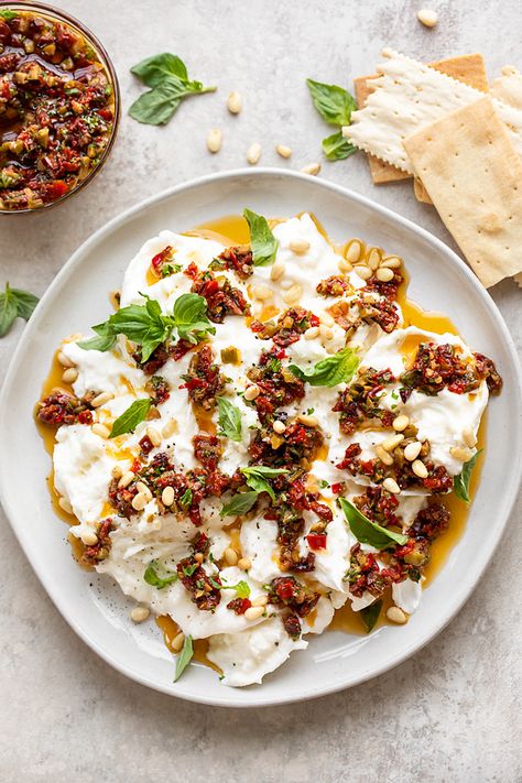 Buratta Recipe, Tomato Vinaigrette, Burrata Recipe, Roasted Garlic Hummus, Whipped Goat Cheese, Cheese Course, Light Appetizers, Olive Recipes, Cheese Ball Recipes