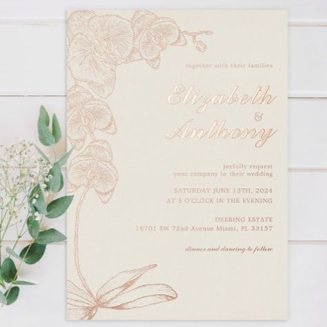 $4.2 | Elegant Botanical Orchid Wedding - gold foil wedding invitation, floral, orchids, flower, flowers, modern, classy minimal, stylish, floral border, elegant real gold wedding invitation Orchid Wedding Invitations, Wedding Invitation Floral, Gold Wedding Invitation, Gold Foil Wedding Invitations, Orchid Wedding, Gold Foil Wedding, Ivory Background, Foil Wedding Invitations, Foil Invitations