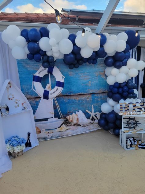 Nautica Theme Baby Shower, Nautical Backdrop Ideas, Ship Party Decorations, Nautical Photo Backdrop, Nautical Theme Baby Shower, Nautical Party Decor, Nautical Baby Shower Ideas, Marine Party, Decoration Theme Marin