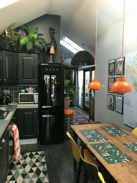 Eclectic Black Kitchen, Black And Orange Home Decor, Orange Smeg Fridge Kitchen, Edgy Kitchen Design, Black Kitchen Vintage, Edgy Kitchen Decor, Dark Eclectic Home Kitchen, Black Tiny House Interior, Black Smeg Fridge