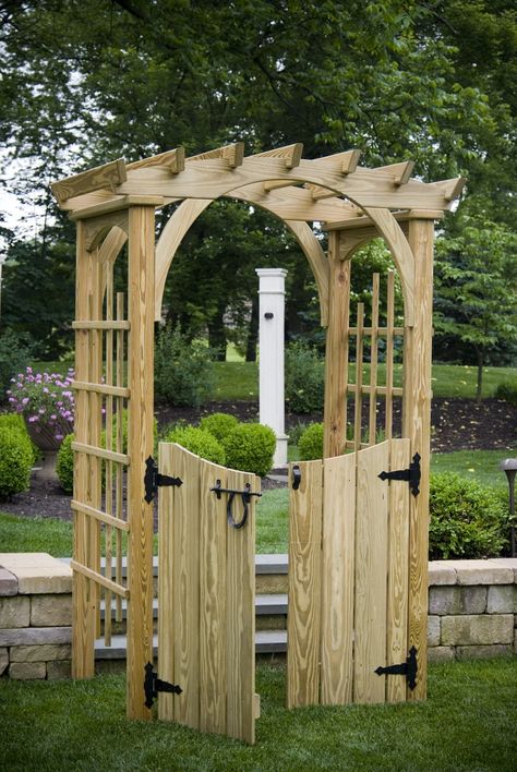 Create a stunning entrance to your garden with our wood Roman Gateway Arbor! https://contentstudio.page.link/yqVY #Patiova #OutdoorLiving #Arbors Garden Arches With Gates, Arbour With Gate, Garden Arbor With Gate, Arbor Gate, Roman Arch, Arch Arbor, Diy Arbour, Garden Archway, Taman Diy