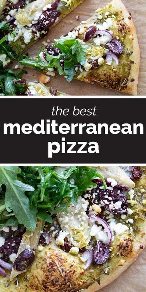 Indulge in the vibrant flavors of the Mediterranean with this delicious Mediterranean Pizza! Bursting with vibrant ingredients like feta cheese, sun-dried tomatoes, olives, and artichoke hearts, every bite is a culinary journey to the Mediterranean coast. Elevate your pizza game with this delicious fusion. Mediterranean Pizza Recipe, Mediterranean Diet Pizza, Mediterranean Flatbread Pizza Recipes, Mediteranian Pizza Recipes, Tortilla Meals, Easy Feta Flatbread Hungry Happens, Diet Pizza, Feta Pizza, Olive Pizza