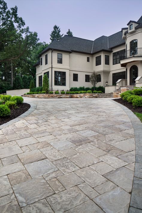 Brick Driveway Ideas, Asphalt And Paver Driveway, Driveway With Paver Border, Large Paver Driveway, Paver Driveway Extension, Paver Driveway Ideas, Extend Driveway With Pavers, Driveway Pavers Design, Paver Apron Driveway