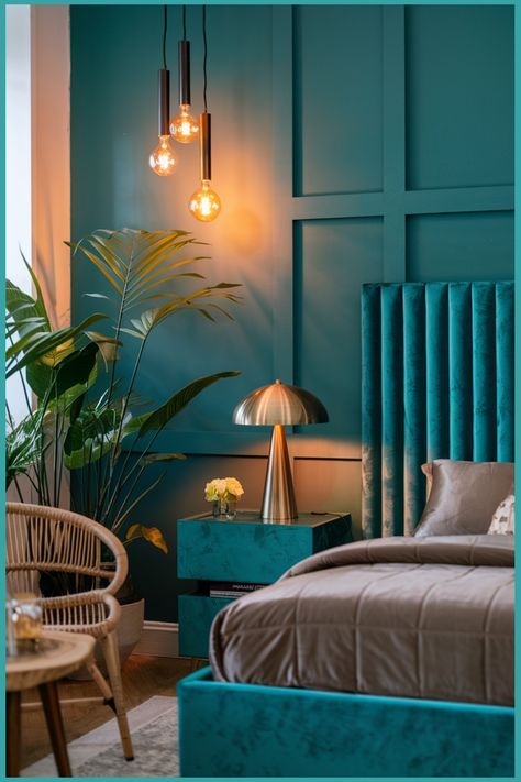 Modern bedroom with teal walls and decor, featuring a velvet headboard, hanging lights, and houseplants. Curtains For Teal Walls, Peacock Teal Bedroom, Teal Bedroom Accent Wall, Teal Bedroom Accents, Teal Room Aesthetic, Teal Room Ideas, Teal Color Palette Bedroom, Teal And Copper Bedroom, Teal Interior Design