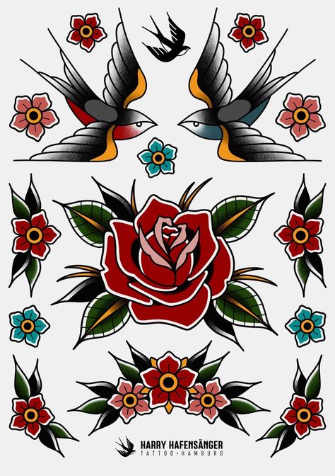 Vintage Rose Tattoo Old School, Rose Tattoo Traditional Old School, American Traditional Flower Tattoo Flash, American Classic Flower Tattoo, American Traditional Rose Tattoo Design, Traditional Flower Tattoo Color, American Style Tattoo Traditional, American Trad Tattoo Flash, Traditional Style Flower Tattoo