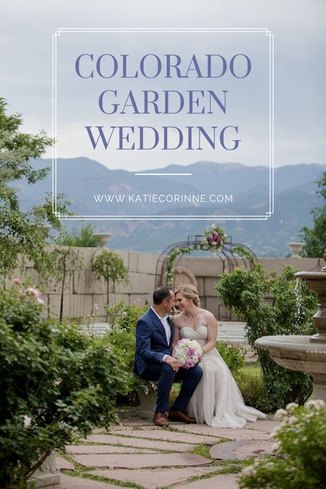 Planning a garden wedding? A small intimate venue in Colorado Springs called Hillside Gardens is a hidden gem. With a covered pavilion and mountain view of Pikes Peak, it offers some of the most breath-taking, romantic views you'll find. Bride and Groom in rose garden with ivy walls and fountain. Photographer: Katie Corinne Photography. #gardenwedding #coloradosprings #coloradowedding