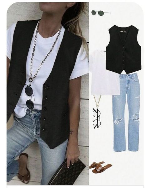 Tshirt Vest Outfit, Vest With Tshirt, Tshirt Business Casual, Vest Top Outfits, How To Style A Vest, Black Vest Outfit, Waistcoat Outfit, Vest Outfits For Women, Street Style Outfits Casual