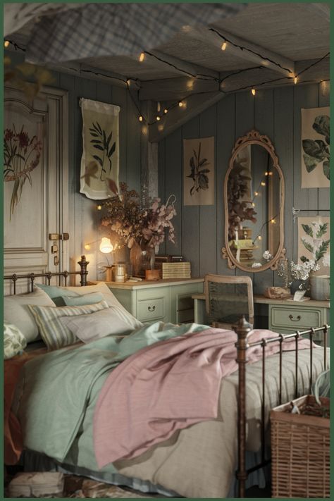 Cozy vintage bedroom with fairy lights, floral prints, and a wrought iron bed. Colorful Cottagecore Bedroom, Cozy Cottage Core Bedroom, Cottage Core Aesthetic Bedroom, Cottage Core Bedrooms, Cozy Kids Bedroom, Cottage Bedroom Aesthetic, Cottage Core Interior Design, Cottage Core Bedroom Ideas, Cottagecore Aesthetic Bedroom