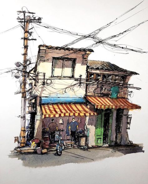 Urban Sketching Artist Captures the Charm of Ancient Towns in Watercolor Urban Painting, Building Sketch, Watercolor Architecture, Building Illustration, Watercolor Paint Set, Architecture Drawing Art, Building Art, 수채화 그림, Lukisan Cat Air