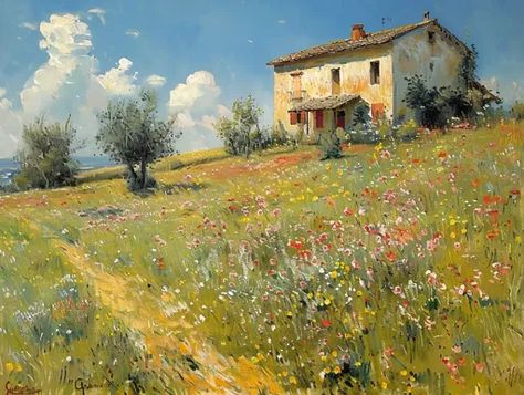 ↑↑↑ Larger size on website 🔸 The painting depicts a quaint countryside scene. A charming house sits atop a hill, surrounded by a  🔸 From Midjourney AI Image Meandering Path, House Flowers, Countryside Paintings, Charming House, Countryside House, A Hill, White Clouds, House On A Hill, House Painting