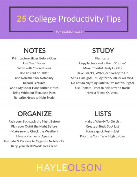 25 College Productivity Tips | College Tips | Hayle Olson | www.hayleolson.com College Supply List, College Productivity, University Tips, Back To University, Types Of Education, Importance Of Time Management, College Life Hacks, Studying Tips, College Survival