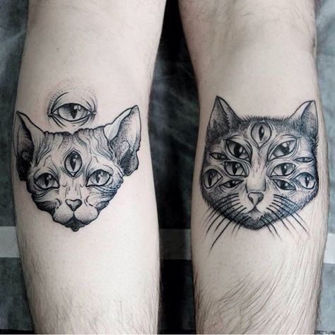 Black and gray Sphinx cat tattoo with 3 eyes, cat with multiple eyes 3rd Eye Tattoo, Tiger Makeup, Kitty Tattoos, Engraving Tattoo, B Tattoo, Line Work Tattoo, Dot Work Tattoo, Makeup Eyes, Dark Tattoo