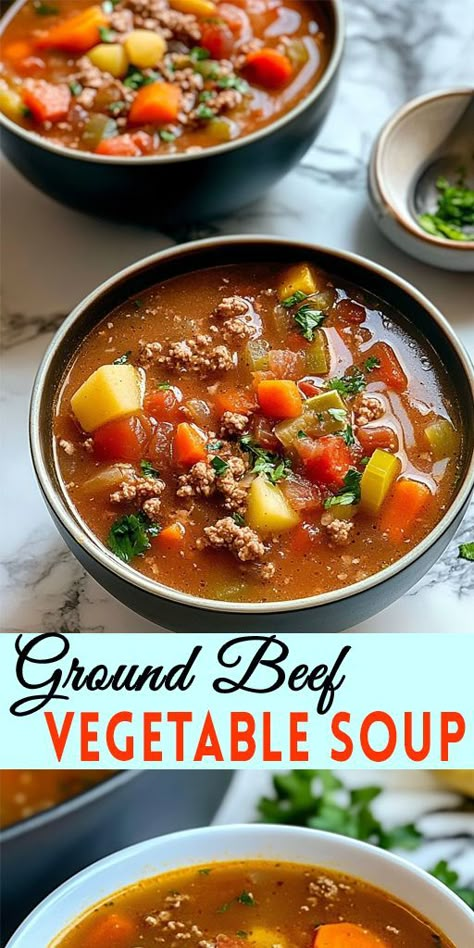 Looking for a warm and satisfying meal? Try this Ground Beef Vegetable Soup that’s loaded with flavor and nutrients! 🌟 Made with tender ground beef and a colorful mix of fresh vegetables, this soup is the perfect way to warm up on chilly days. Don’t forget to save this pin for a cozy meal later! 💾💕 #GroundBeefVegetableSoup #ComfortFood #EasySoupRecipe #HealthyEating #FamilyDinner #SoupSeason #RecipeIdeas #FoodLovers #CookingAtHome #Yummy Ground Beef Vegetable Soup Crock Pot, Soup With Ground Beef Easy, Ground Beef Easy Recipes, Beef Easy Recipes, Vegetable Soup Seasoning, Vegetable Soup With Ground Beef, Crock Pot Vegetable Soup, Veg Beef Soup, Food For Cold Days