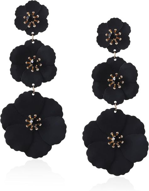 Amazon.com: YUNXI Unique Handmade Bohemian Large Matte 3 Layer Flower Dangle Drop Earrings Metal floral Stud Earrings For Women Statement Wedding Holiday Jewelry Gifts (Black): Clothing, Shoes & Jewelry Earrings Hanging, Petal Earrings, Floral Studs, Chic Flowers, Earrings Metal, Black Art Pictures, Stud Earrings For Women, Bohemian Earrings, Holiday Jewelry